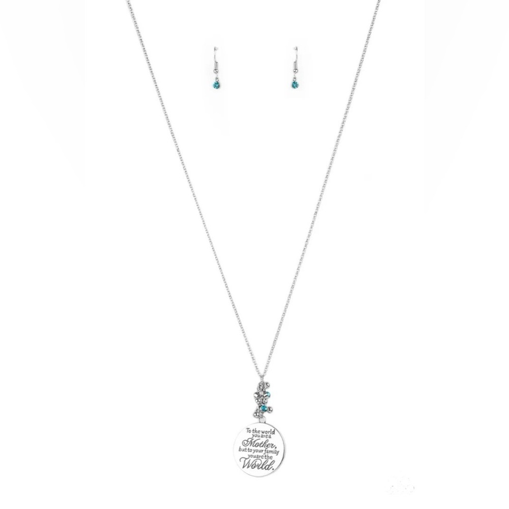 Long silver and blue rhinestones “To the world” Mom necklace*